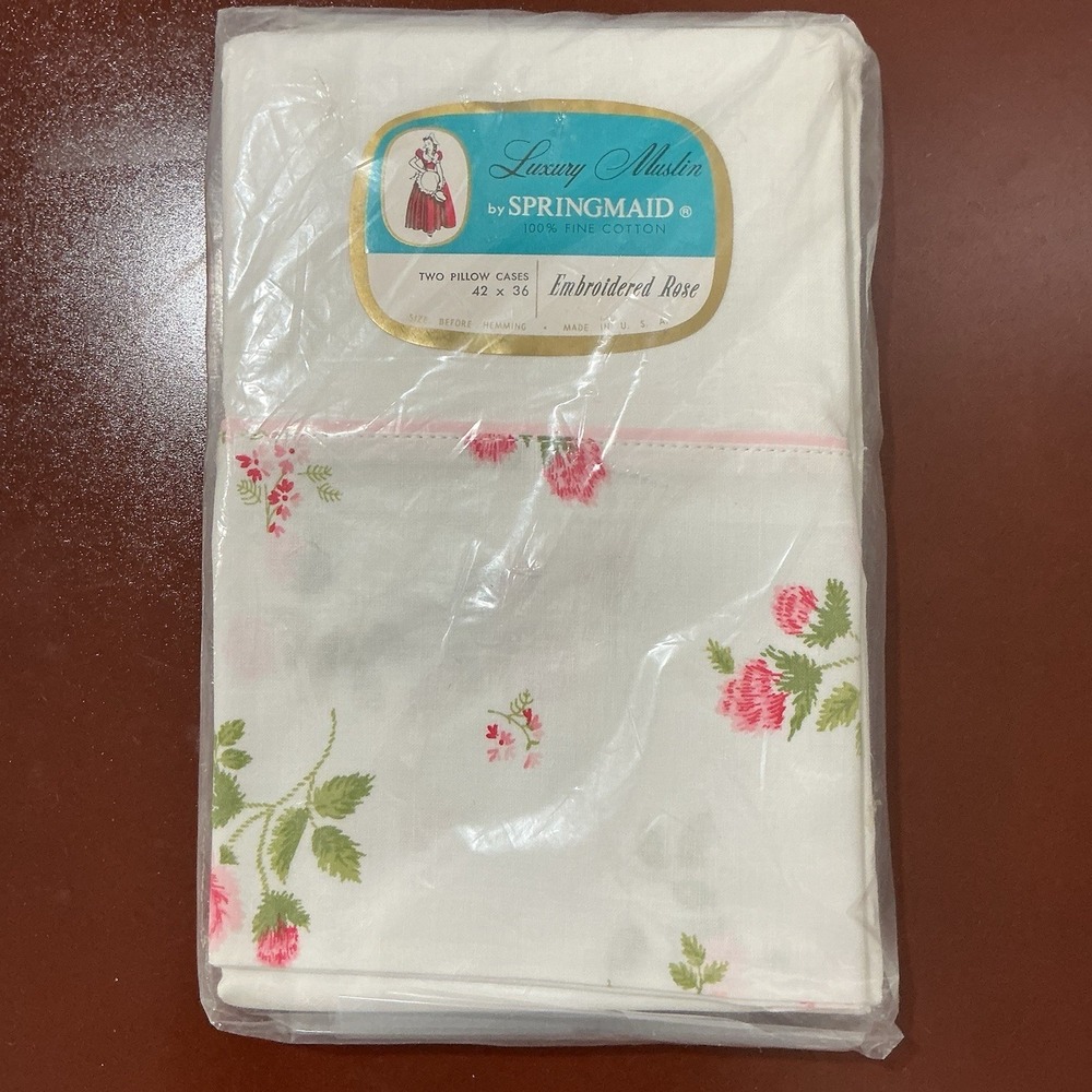 Vtg Pillow Cases Luxury Muslin Springmaid New 100% Cotton Pink Rose White USA